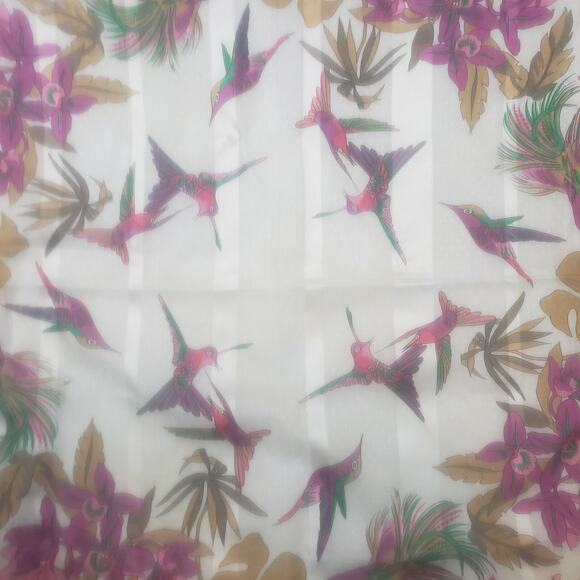 Italian Floral Hummingbird Scarf Green Purple 31” Cottagecore Retro Chic - Picture 2 of 8